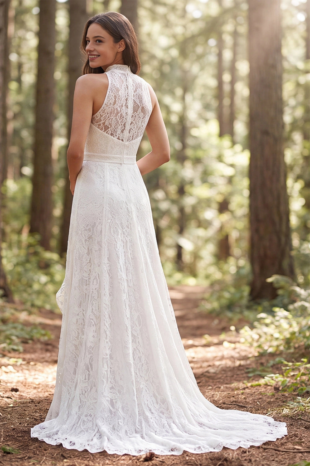 Vedress sheer zip back floral lace halter wedding dress sweep train forest outdoor backdrop
