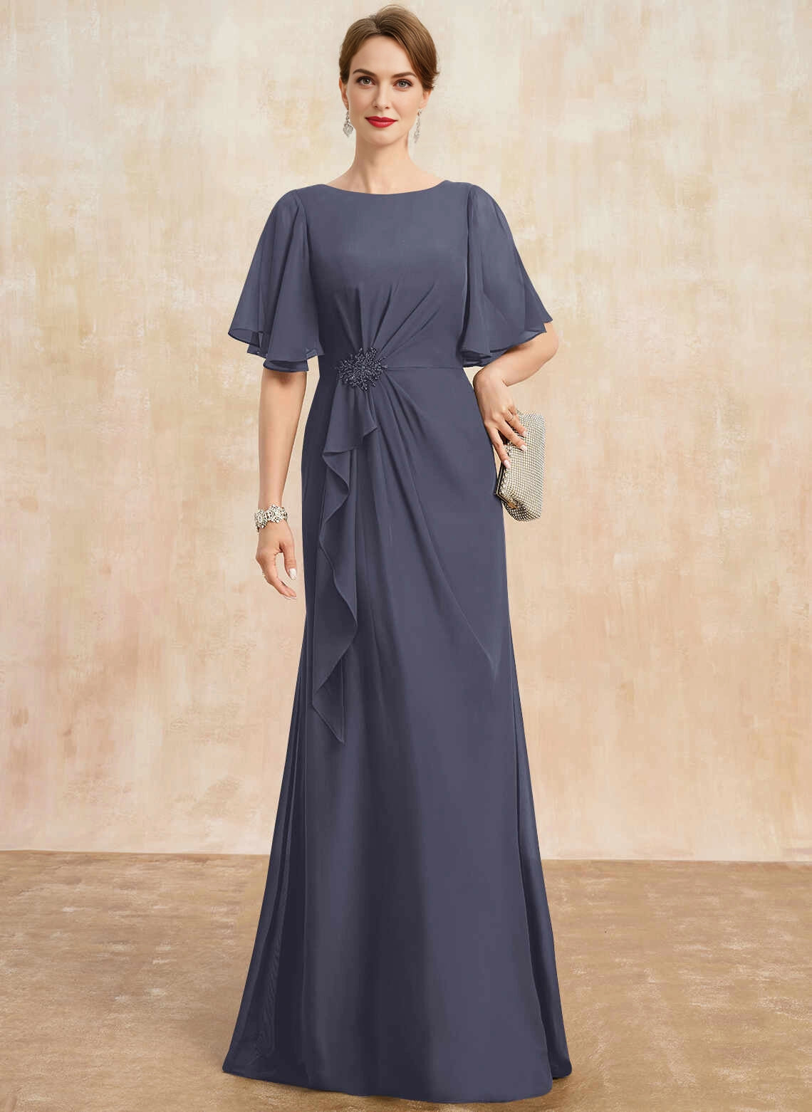 Elegant Sheath Round Neck Flutter Sleeve Zipper Back Floor‑Length Mother Of The Bride Dress