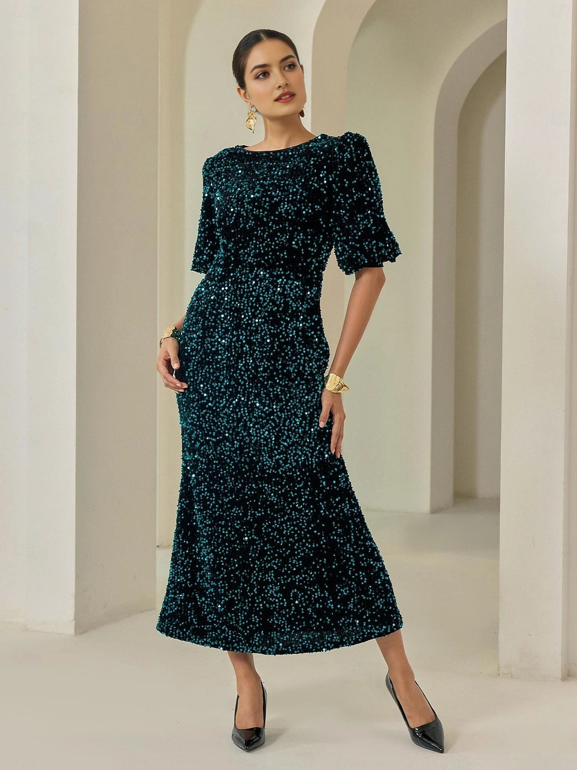 Sequin H Round Neck Puff Sleeve Closed Back Midi Prom Dress