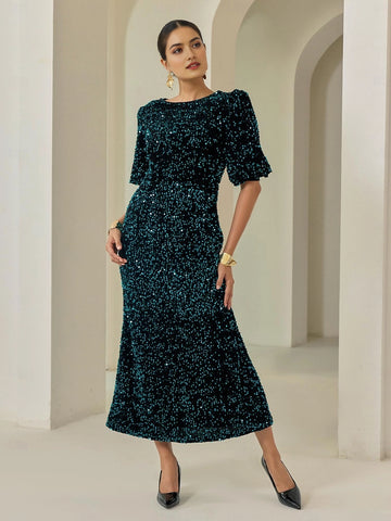 Sequin H Round Neck Puff Sleeve Closed Back Midi Prom Dress