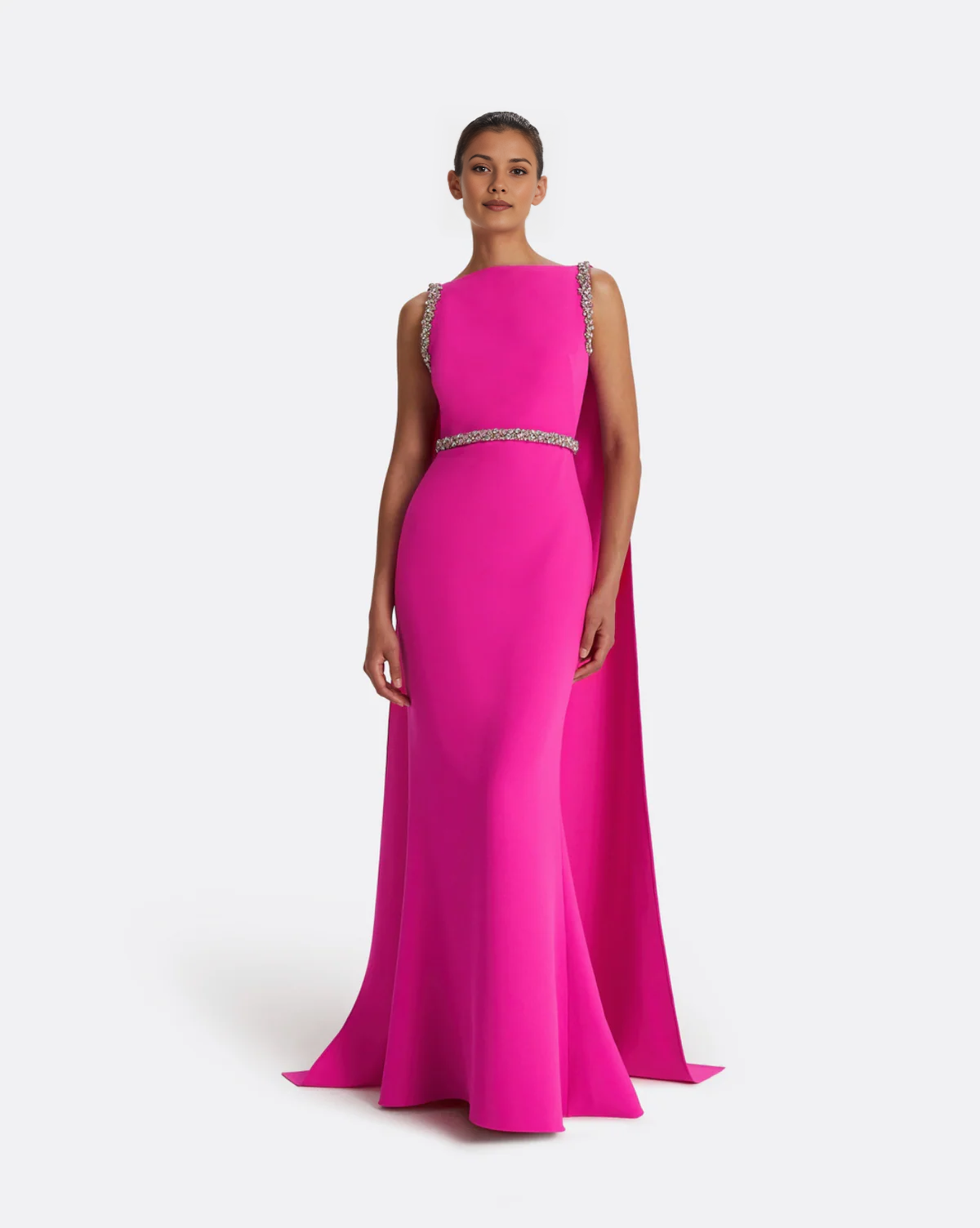 Bateau Neck Crystal Embellished Cape Sleeve Mermaid Evening Gown