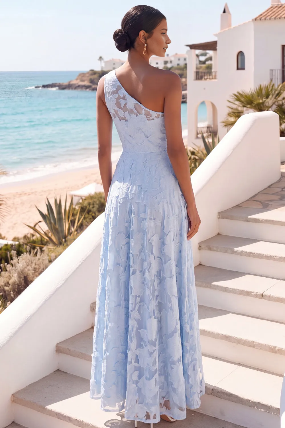 One Shoulder 3D Floral Lace A-Line Floor Length Bridesmaid Formal Dress