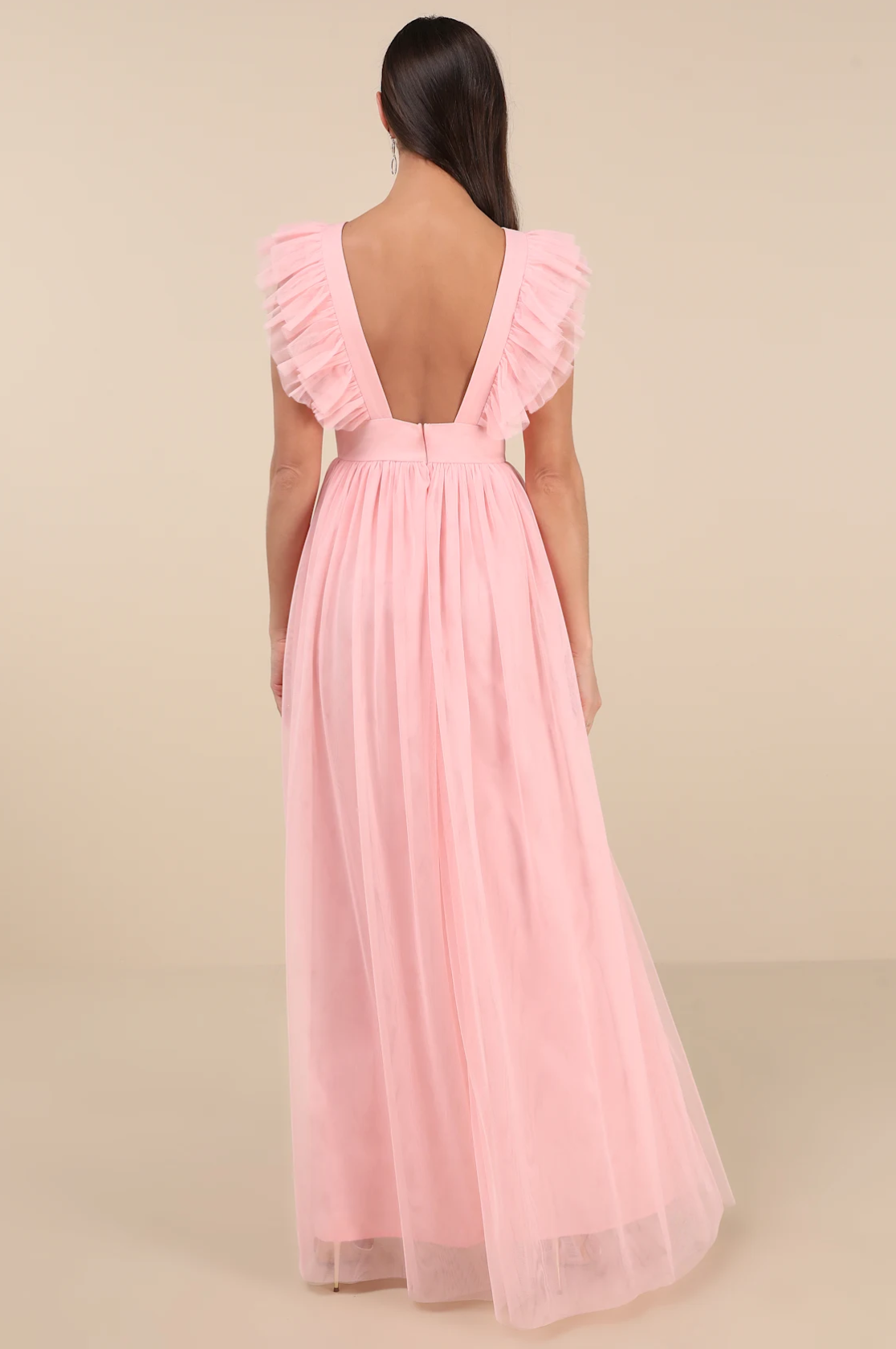 Women's Sleeveless V-Neck Maxi Dress with Ruffled Off-the-Shoulder Flowing Mesh Bridesmaid Dresses
