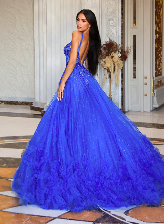 Sweetheart Spaghetti Straps Backless Floor-Length Prom Dresses Ball Gown