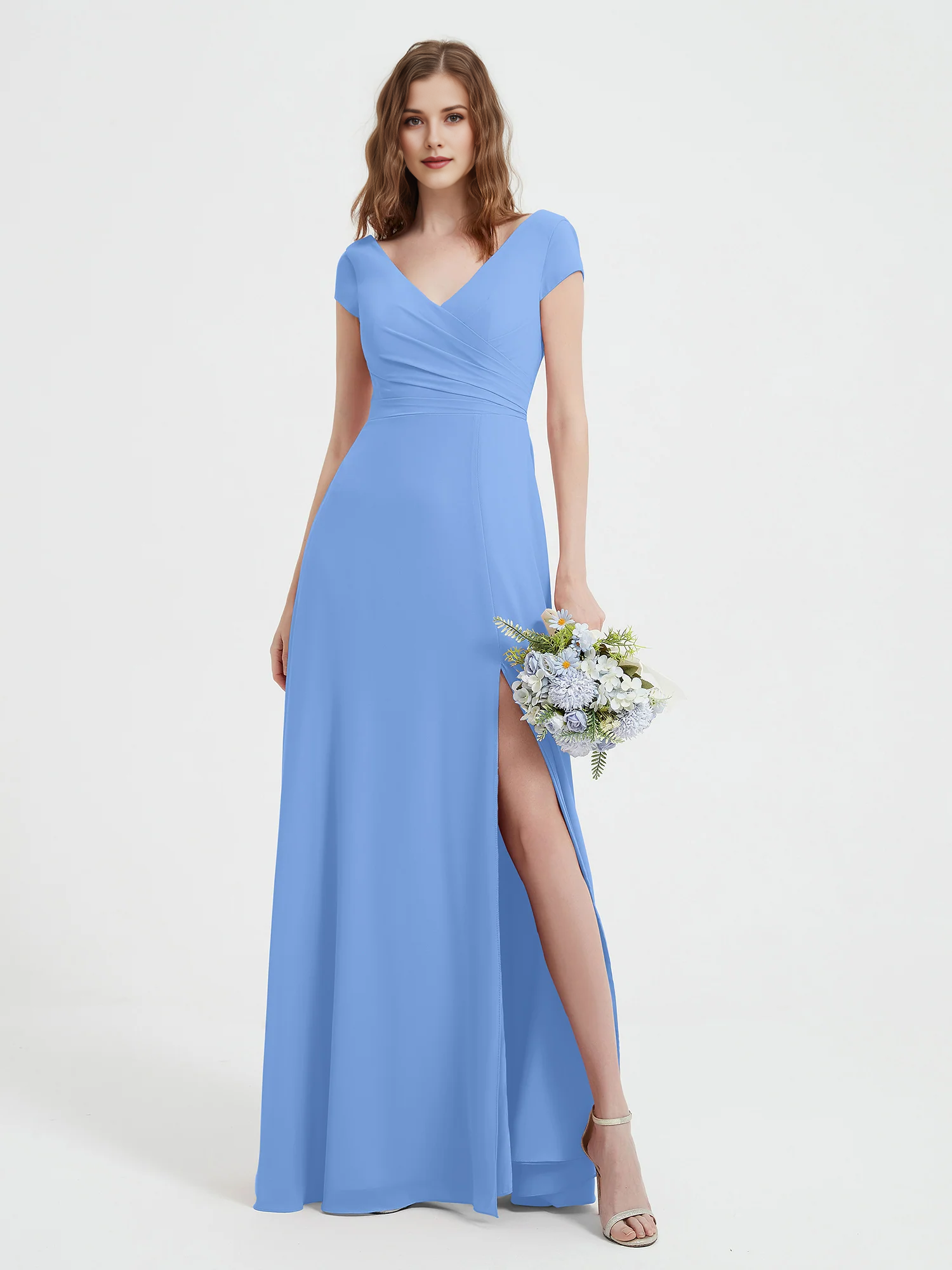 Cap Sleeve V-Neck Wrap Waist High Slit Chiffon Floor-Length Bridesmaid Evening Maxi Dress