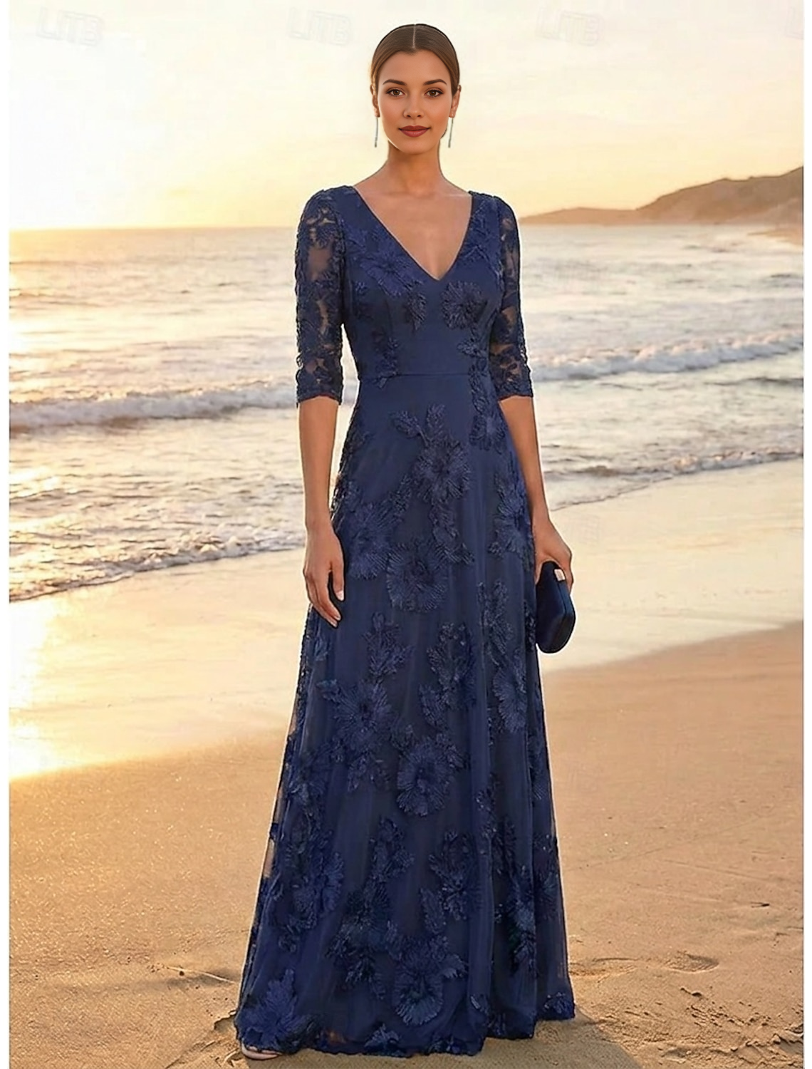 V-Neck 3/4 Sleeve Sequin Floral Appliqué Tulle A-Line Floor-Length Mother of the Bride Evening Dress