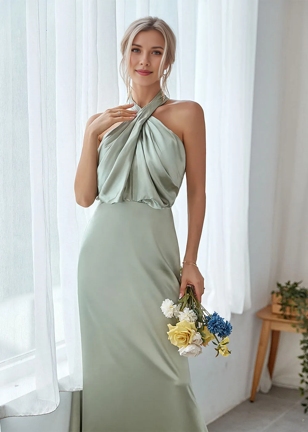 Halter Twist Neck Satin Mermaid Bridesmaid Dress with Open Keyhole Back