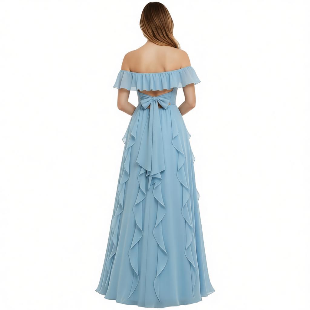 Off-the-Shoulder Ruffled Chiffon Bridesmaid Dress - Floor-Length Formal Evening Gown