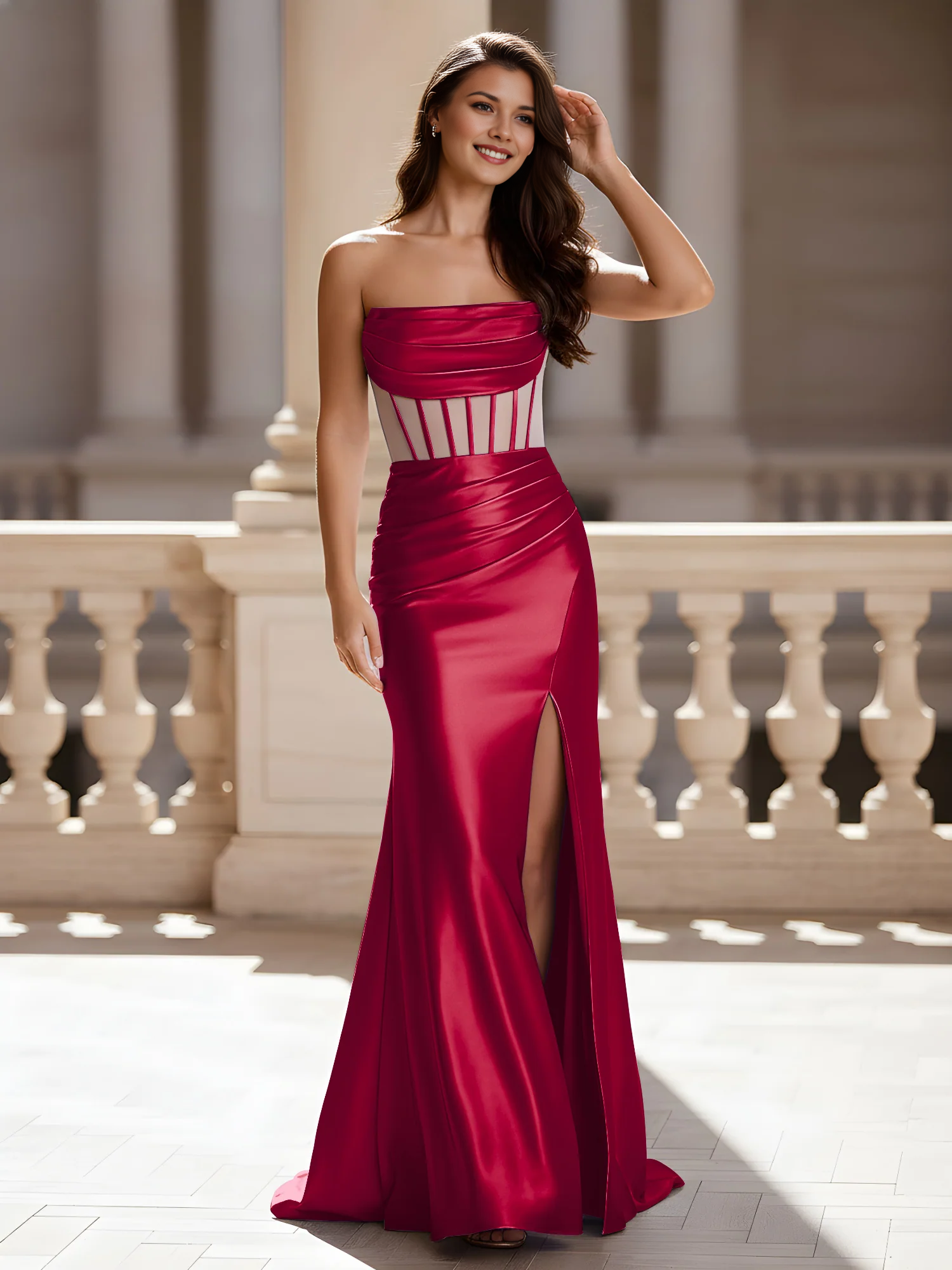 Vestido de Noche Sirena de Raso sin Tirantes Transparente con Corsé y Abertura Alta - Vestido Formal de Gala y Fiesta de Graduación