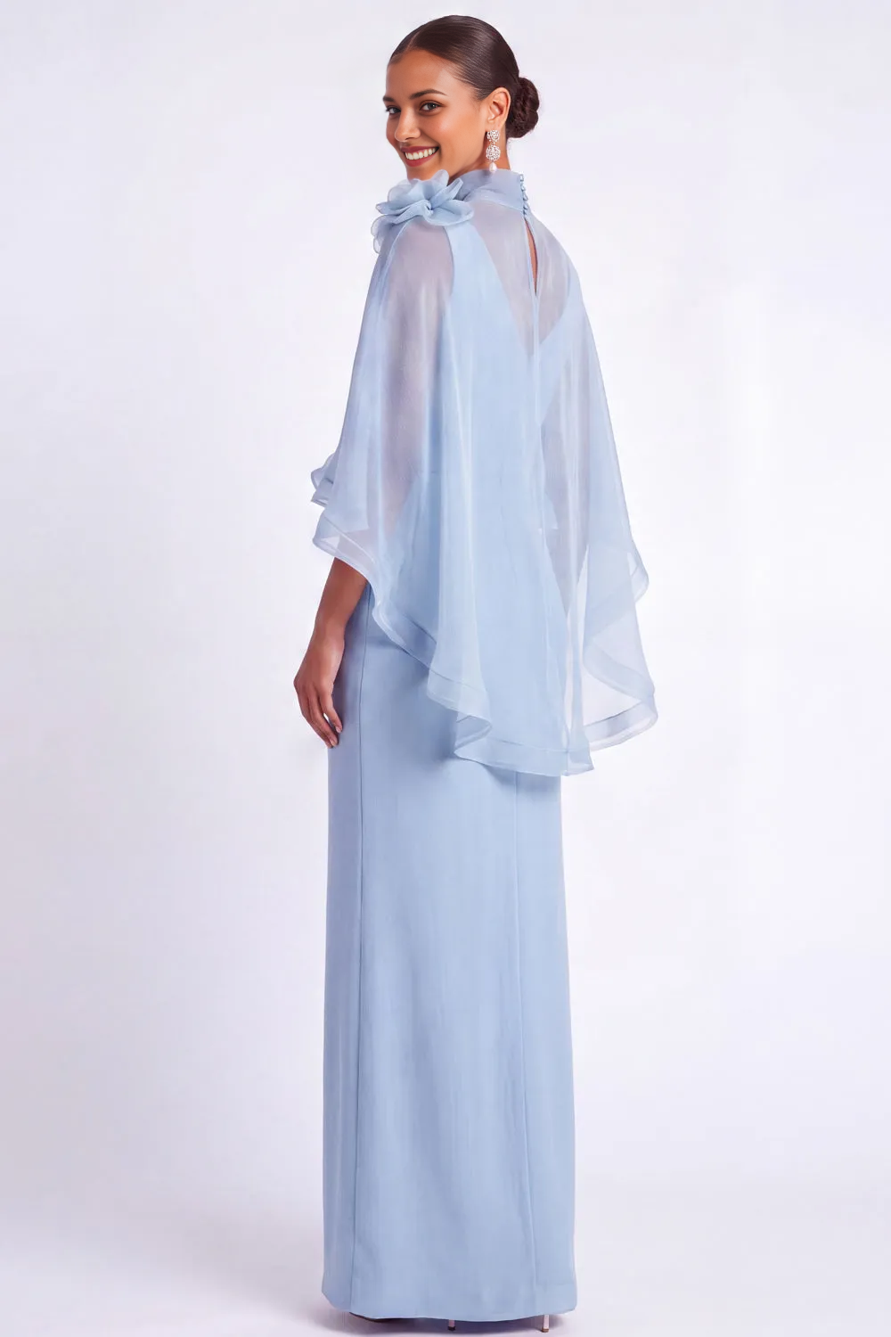 High Neck 3D Flower Cape Chiffon Mermaid Maxi Formal Evening Dress