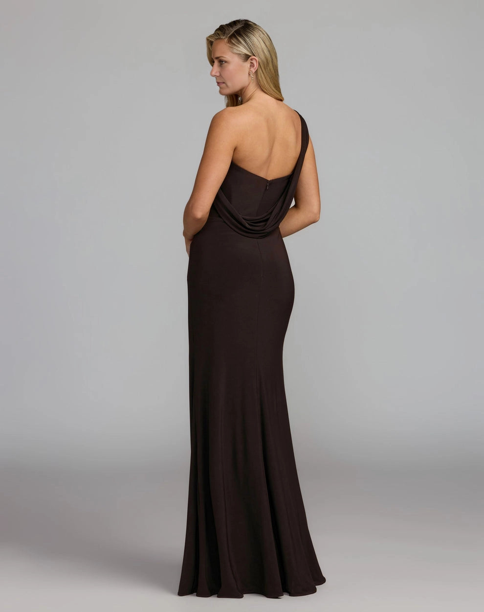 Vedress brown sheath mother of the bride dress one shoulder with gold beading and draped open back