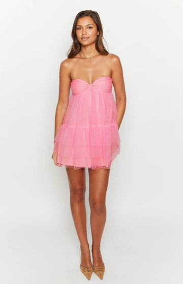 Vedress pastel pink multi layer mesh mini dress elastic plain open back spring homecoming party dress