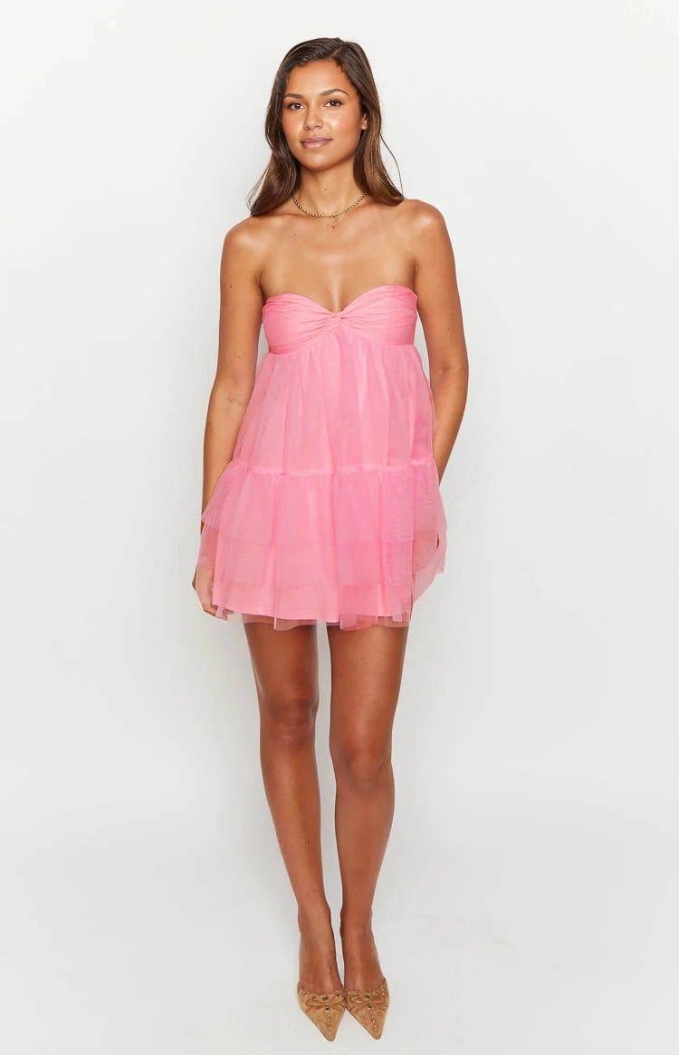 Vedress pastel pink multi layer mesh mini dress elastic plain open back spring homecoming party dress