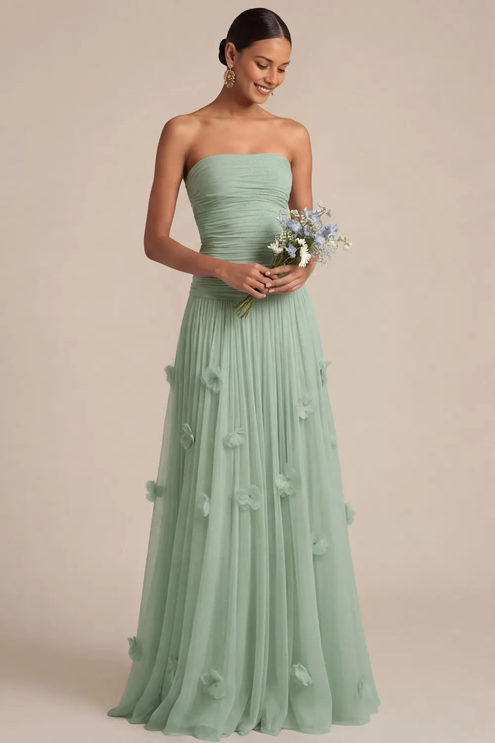 Strapless Ruched Bodice Tulle Gown with 3D Floral Appliqués