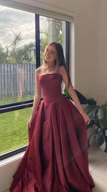 Elegant Wine Red A‑Line Strapless Sleeveless Plain Back Floor‑Length Prom Dress