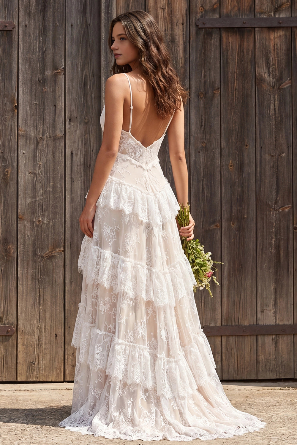 Vedress open low back adjustable strap lace wedding dress multi tiered sweep train farmhouse backdrop
