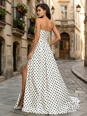 Back view Vedress polka dot strapless formal prom gown with invisible centre‑back zipper