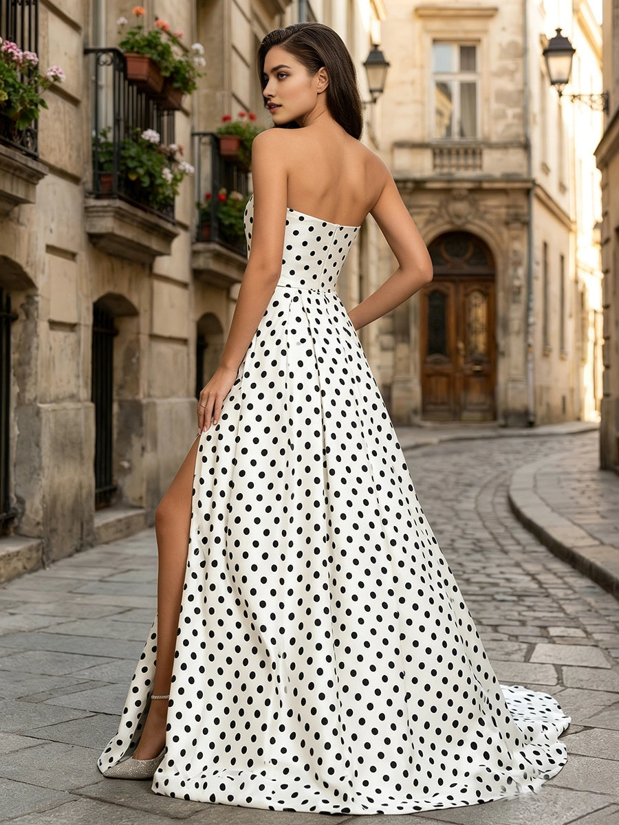 Back view Vedress polka dot strapless formal prom gown with invisible centre‑back zipper