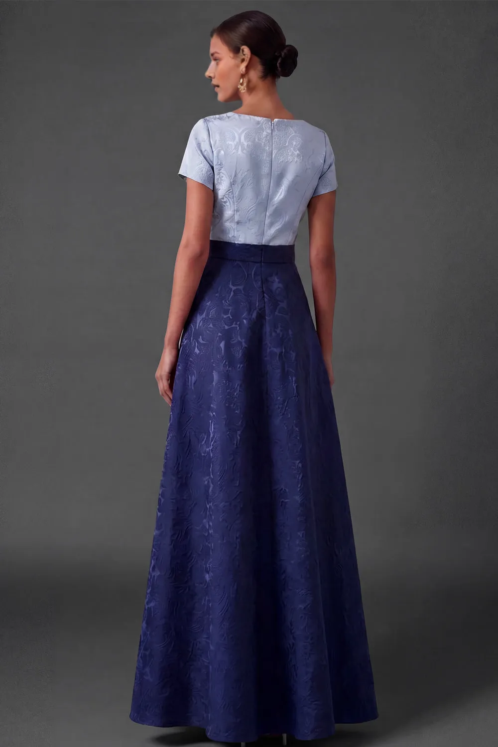 Bateau Neck Short Sleeve Two-Tone Jacquard A-Line Maxi Formal Dress with Waist Bow