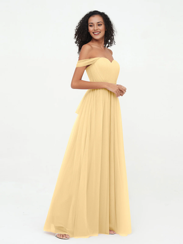 Off Shoulder Sweetheart Neck Tulle Pleated Waist Tie Back Floor-Length Bridesmaid Maxi Dress