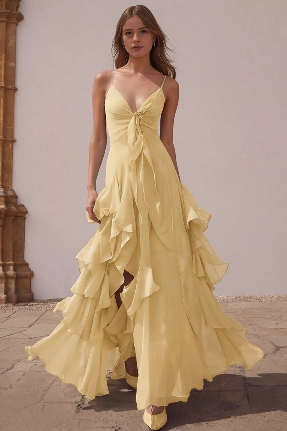 Airy A Line V Neck Straps Zip Back Ruffle Slit Maxi Wedding Guest Dress 