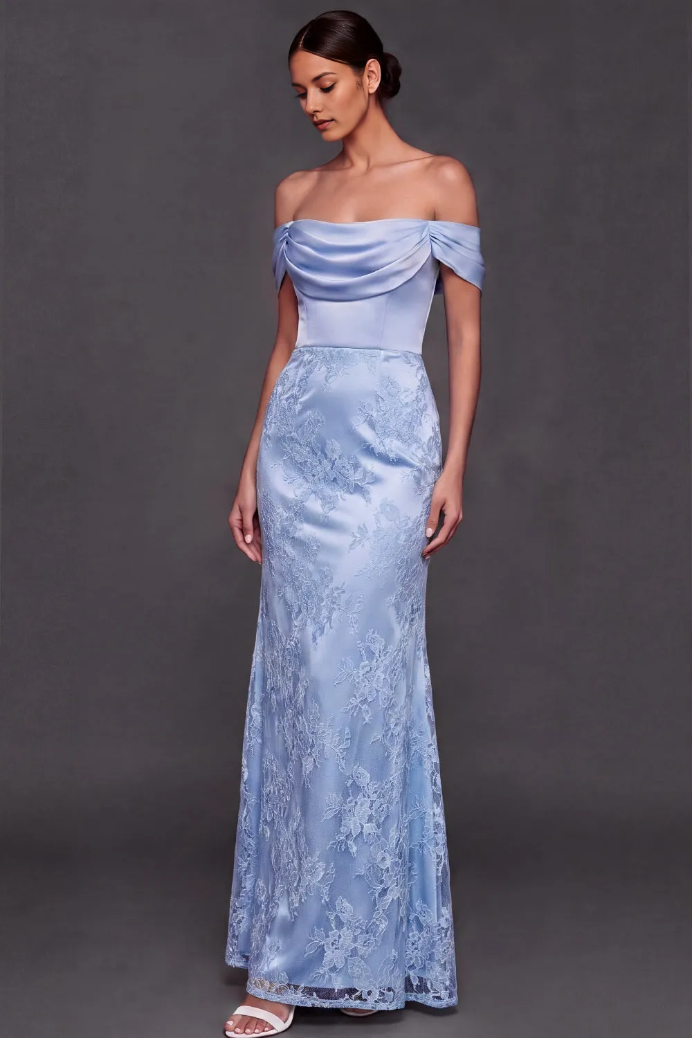 Off-The-Shoulder Draped Satin Lace Mermaid Maxi Bridesmaid Formal Dress