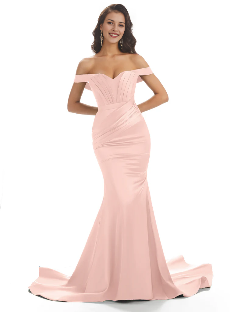 Vestido de noche largo de satén con escote corazón, fruncido, tipo sirena, con hombros descubiertos y cola