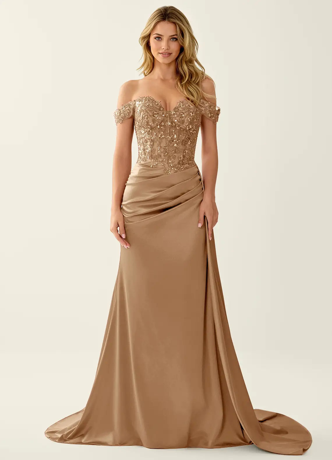Glamorous Mermaid Sweetheart Off Shoulder Lace Satin Floor Length Prom Dress