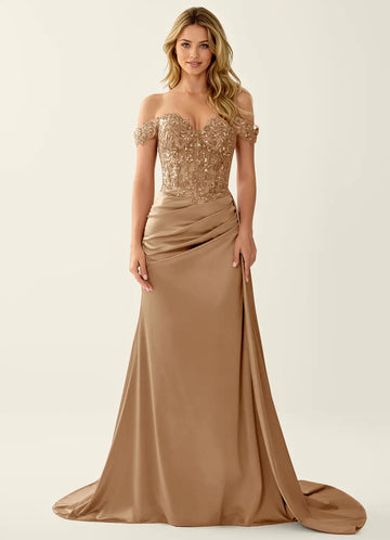 Glamorous Mermaid Sweetheart Off Shoulder Lace Satin Floor Length Prom Dress