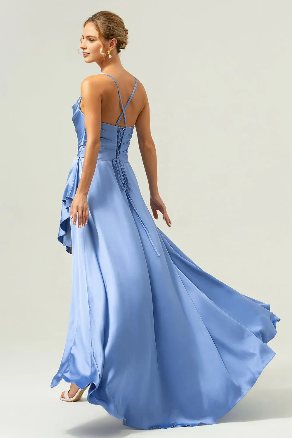 Graceful A-Line Cowl Neck Sleeveless Satin Ruffle Wedding Guest Dress High-Slit Evening Gown