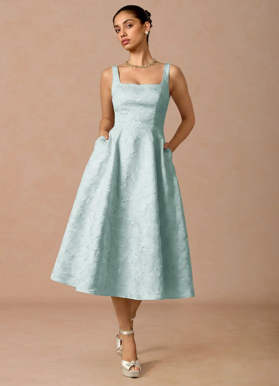 Elegant Flare Square Sleeveless Jacquard Midi Corset Back Pockets Cocktail Dress