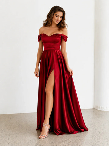 legant A-Line Sweetheart Off-Shoulder Short Sleeve Satin Ruched High Slit Prom Dress