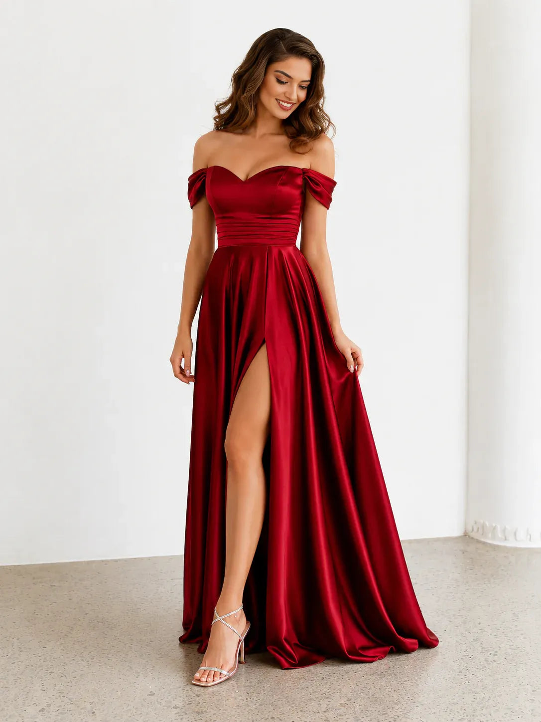 legant A-Line Sweetheart Off-Shoulder Short Sleeve Satin Ruched High Slit Prom Dress