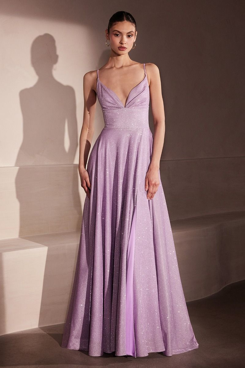 Vestido de noche largo de lentejuelas con escote en V profundo y corte en A - Vestido de fiesta formal con tirantes finos y abertura alta
