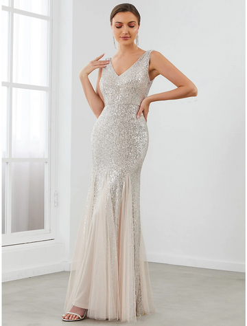Sequin Mermaid Evening Gown Sleeveless V Neck Tulle Maxi Formal Dress