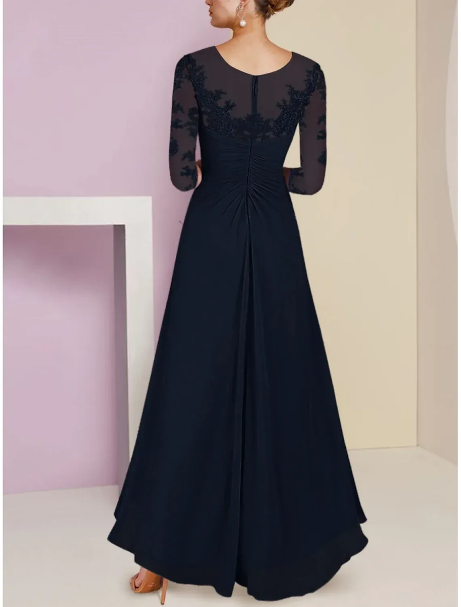 Elegant Navy Blue Lace High-Low Mother of the Bride Dress - 3/4 Sleeve Formal Evening Gown