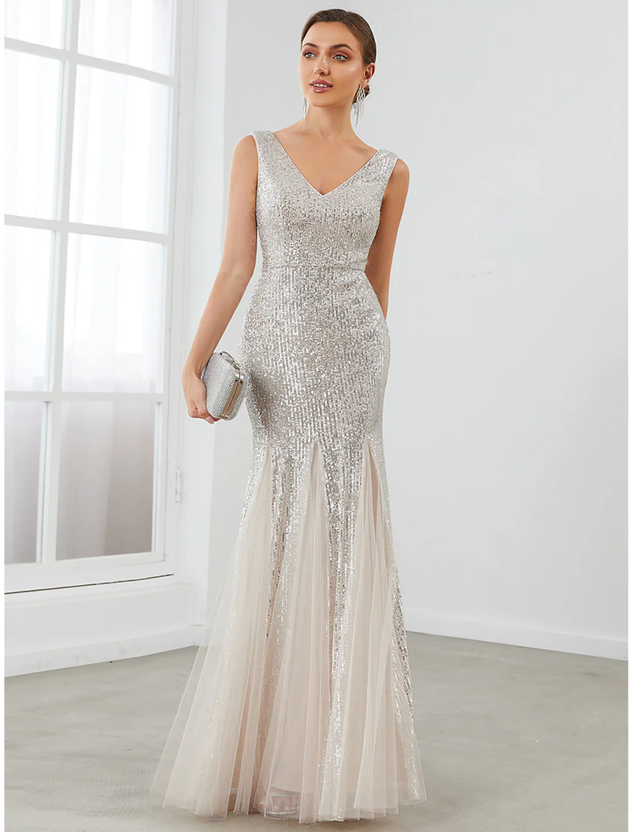 Sequin Mermaid Evening Gown Sleeveless V Neck Tulle Maxi Formal Dress