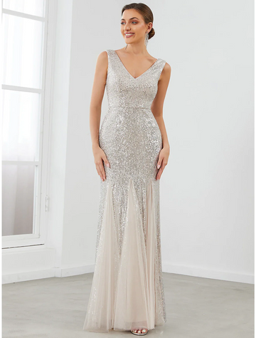 Sequin Mermaid Evening Gown Sleeveless V Neck Tulle Maxi Formal Dress