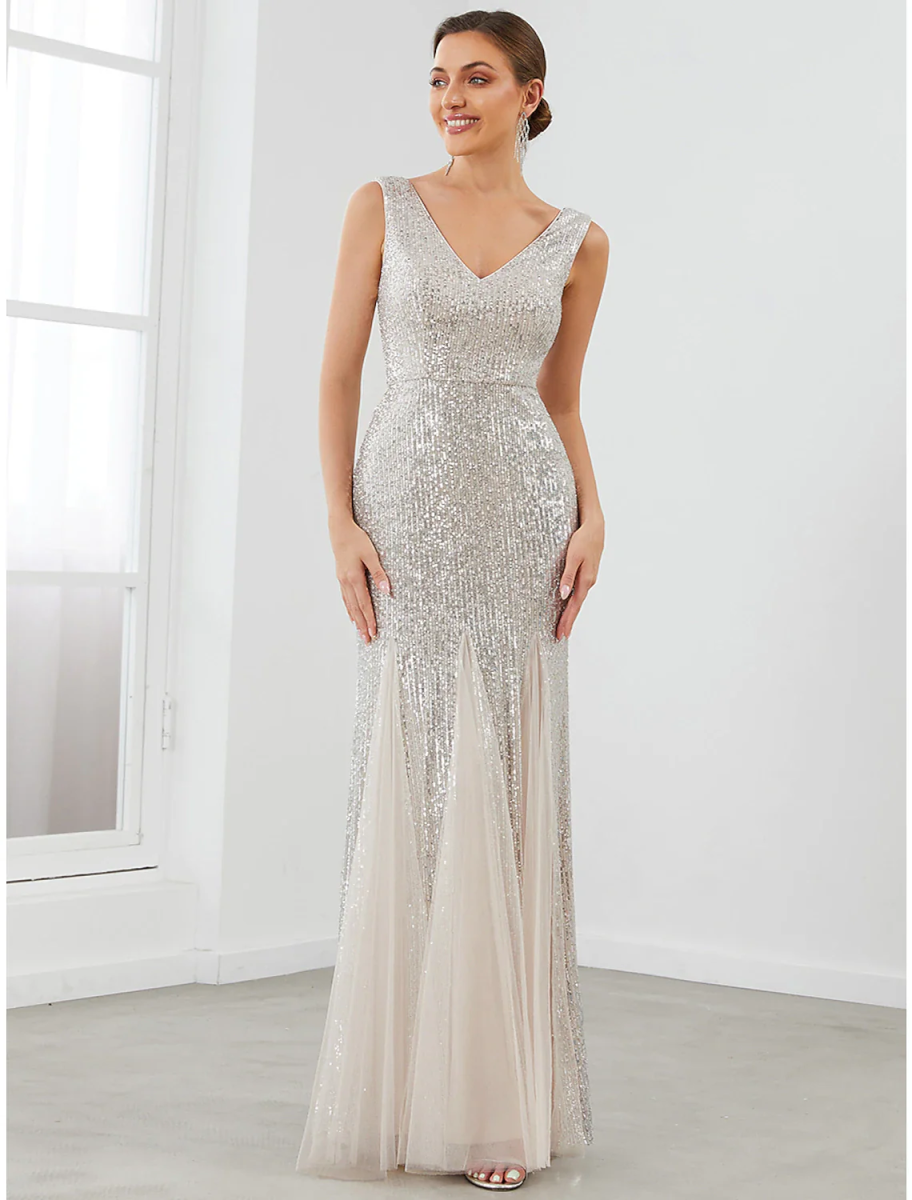 Sequin Mermaid Evening Gown Sleeveless V Neck Tulle Maxi Formal Dress