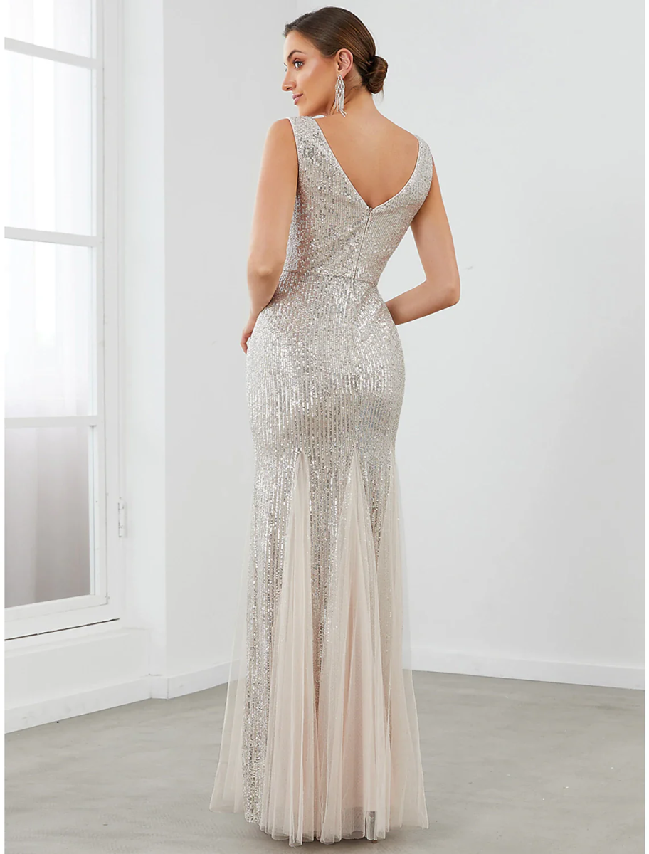 Sequin Mermaid Evening Gown Sleeveless V Neck Tulle Maxi Formal Dress