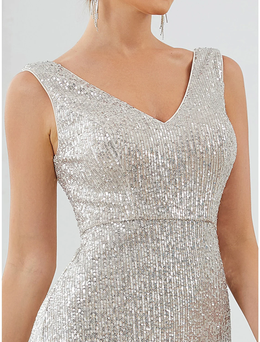 Sequin Mermaid Evening Gown Sleeveless V Neck Tulle Maxi Formal Dress
