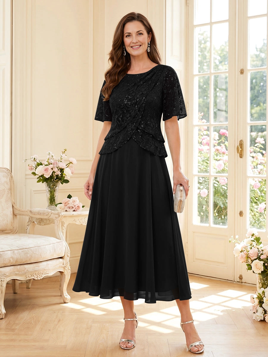 Elegant A Line Round Neck Elbow Sleeve Zipper Back Tea‑Length Mother Of The Bride Dress 