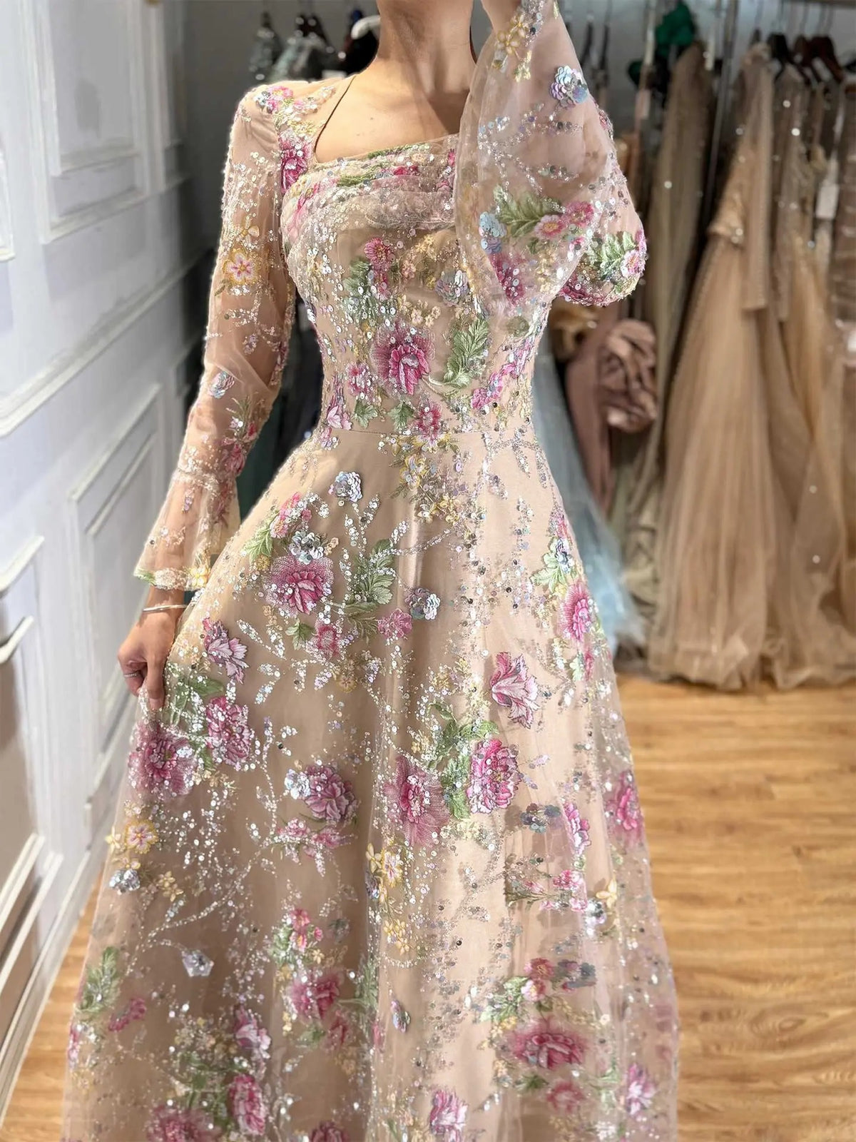 Romantic A-Line Square Neck Long Sleeve Illusion Back Floor-Length Prom Dress