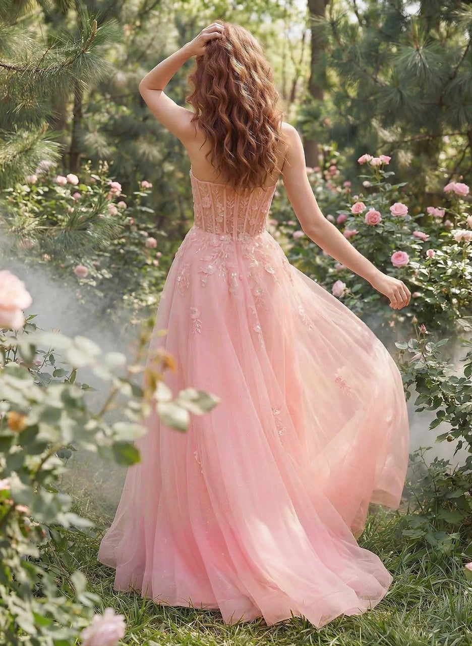 Romantic A-Line Sweetheart Sleeveless Sheer Corset Back Floor-Length Prom Dress