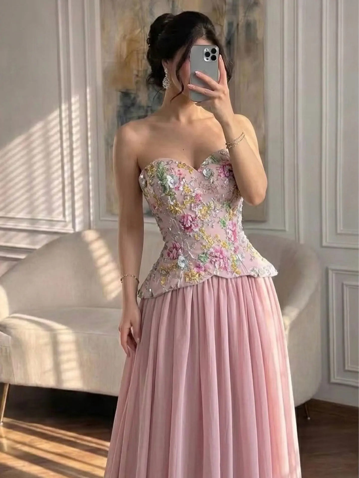 Romantic A-Line Sweetheart Strapless Lace-Up Back Floor-Length Prom Dress