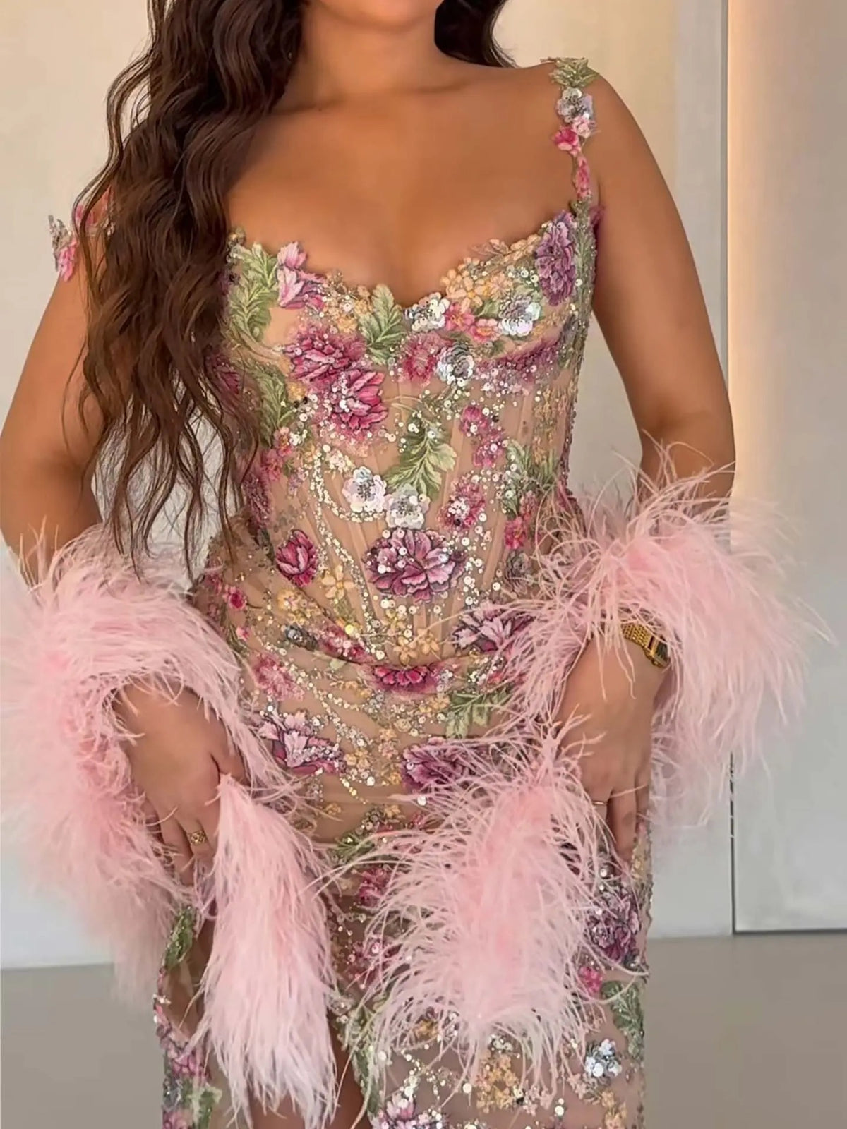 Romantic Sheath V-Neck Sleeveless High-Slit Floor-Length Floral Prom Dress