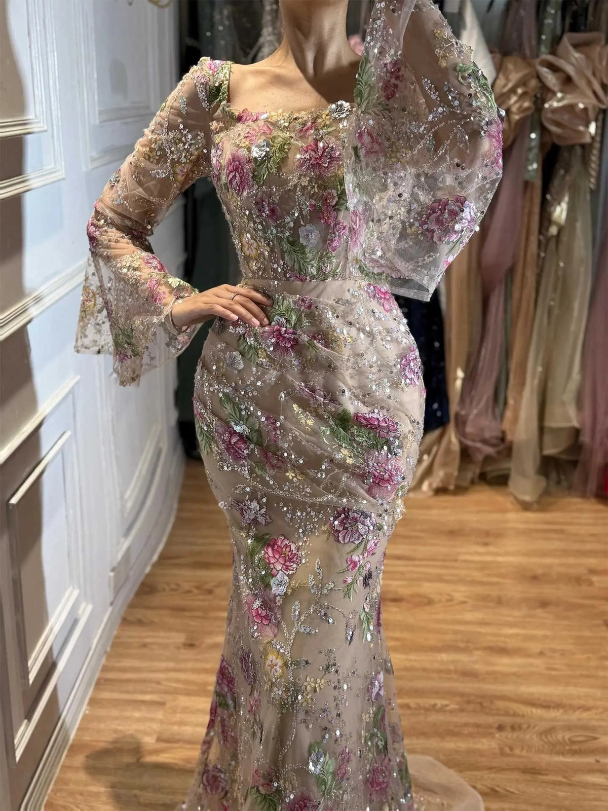 Romantic Floral Mermaid Square Neckline Long Sleeve Zip Back Floor-Length Prom Dress