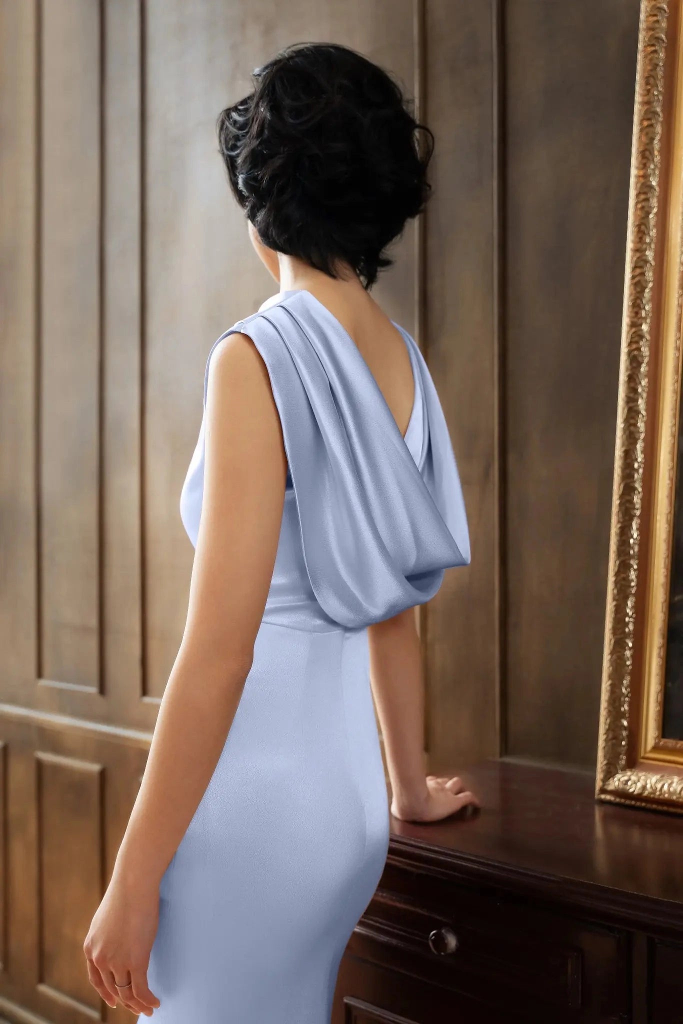 Satin Mermaid Fold‑Over Neck Sleeveless Draped‑Back Maxi Prom Dress
