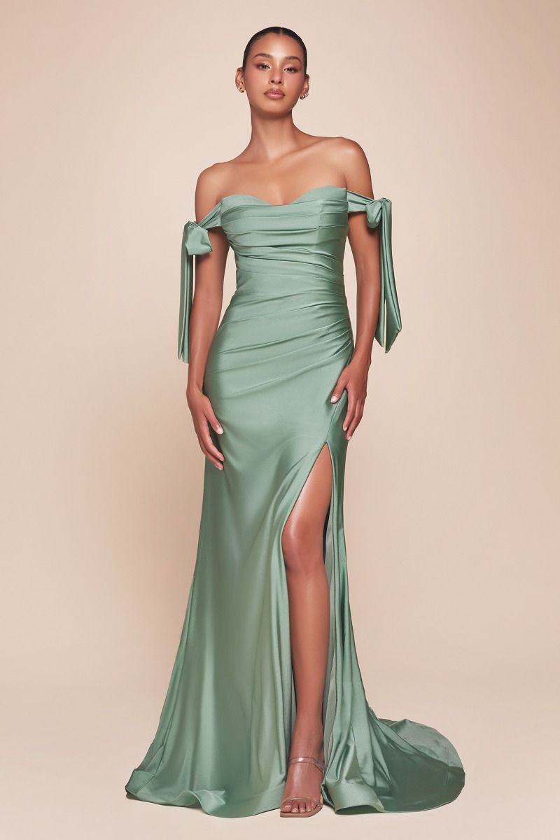 Vestido de dama de honor de satén con hombros descubiertos y corte sirena - Vestido formal de dama de honor y fiesta de graduación con detalle de lazo y abertura alta