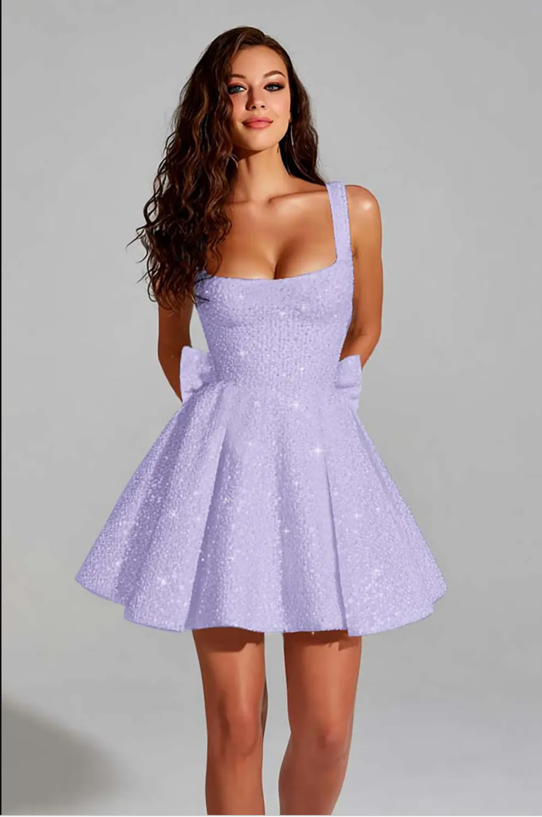 Mini vestido sin mangas de lentejuelas con lazo en la espalda, escote cuadrado, brillante, para fiesta de graduación